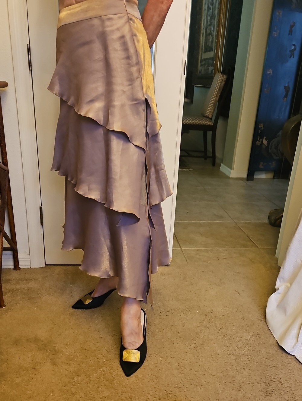 JS Collections Lavender and Gold Satin High-Low Tiered Skirt